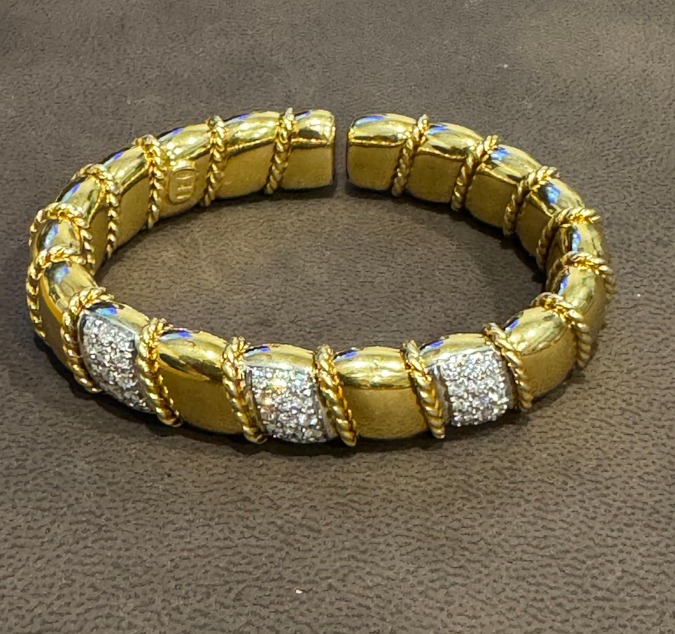 Vintage 2 Carats Diamond Cuff Bangle Bracelet 18 Karat Solid Yellow Gold 75 Gram For Sale 2