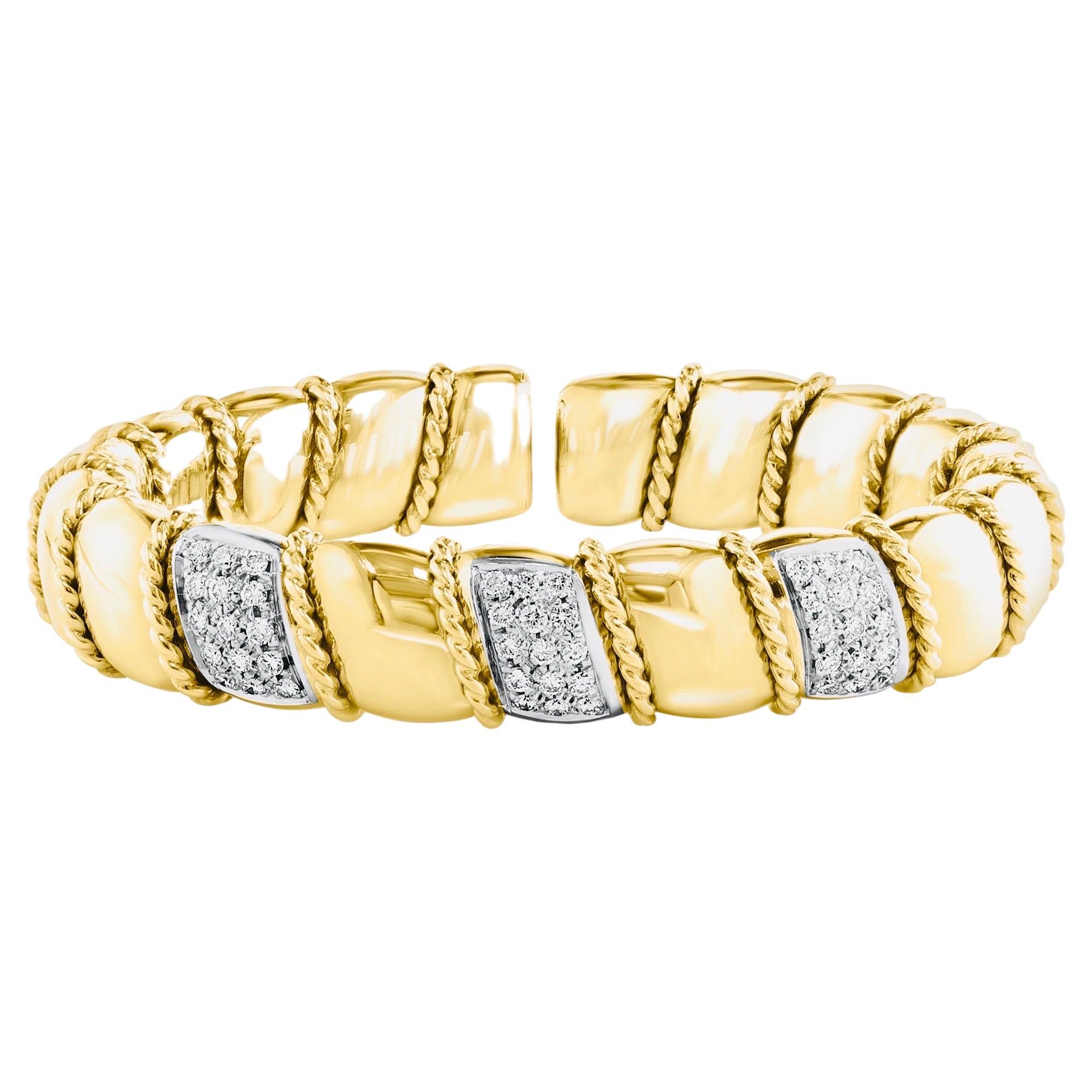 Manschettenarmband aus 18 Karat massivem Gelbgold mit 2 Karat Diamanten im Vintage-Stil, 75 Gramm