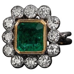 Vintage 2 Ct Colombian Emerald Diamond Cluster Ring