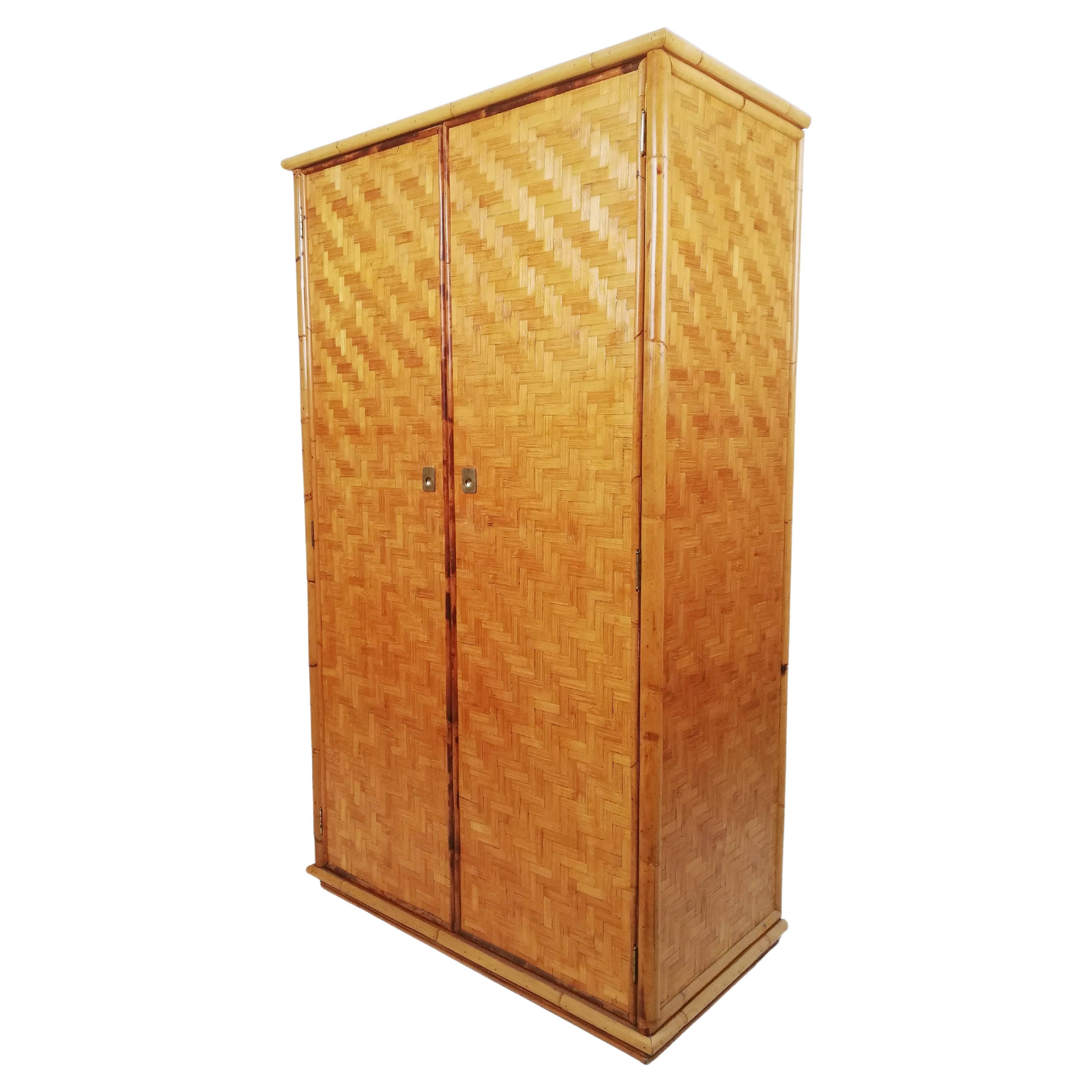 Vintage 2 Door Wardrobe in Wicker Cane, Rattan and Bamboo by Dal Vera, 1970s