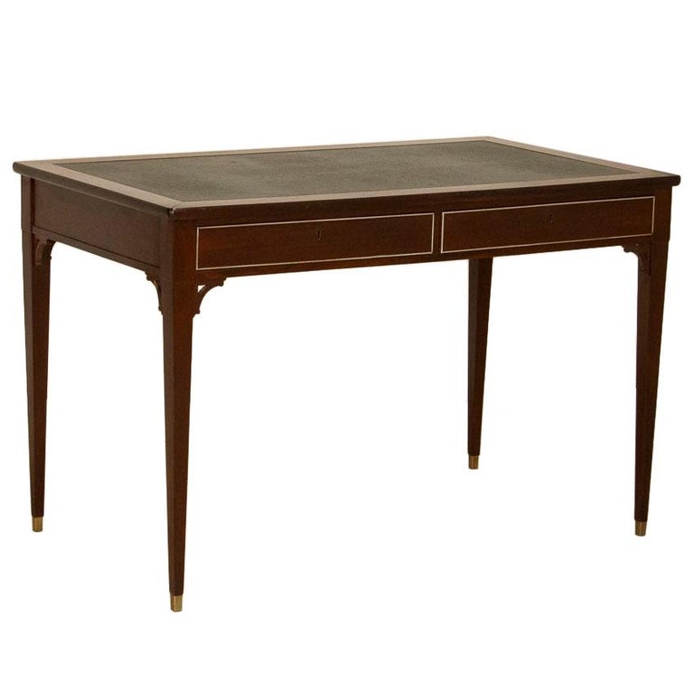 Vintage 2Drawer English Mahogany Writing Desk with Green Leather Top For Sale at 1stDibs