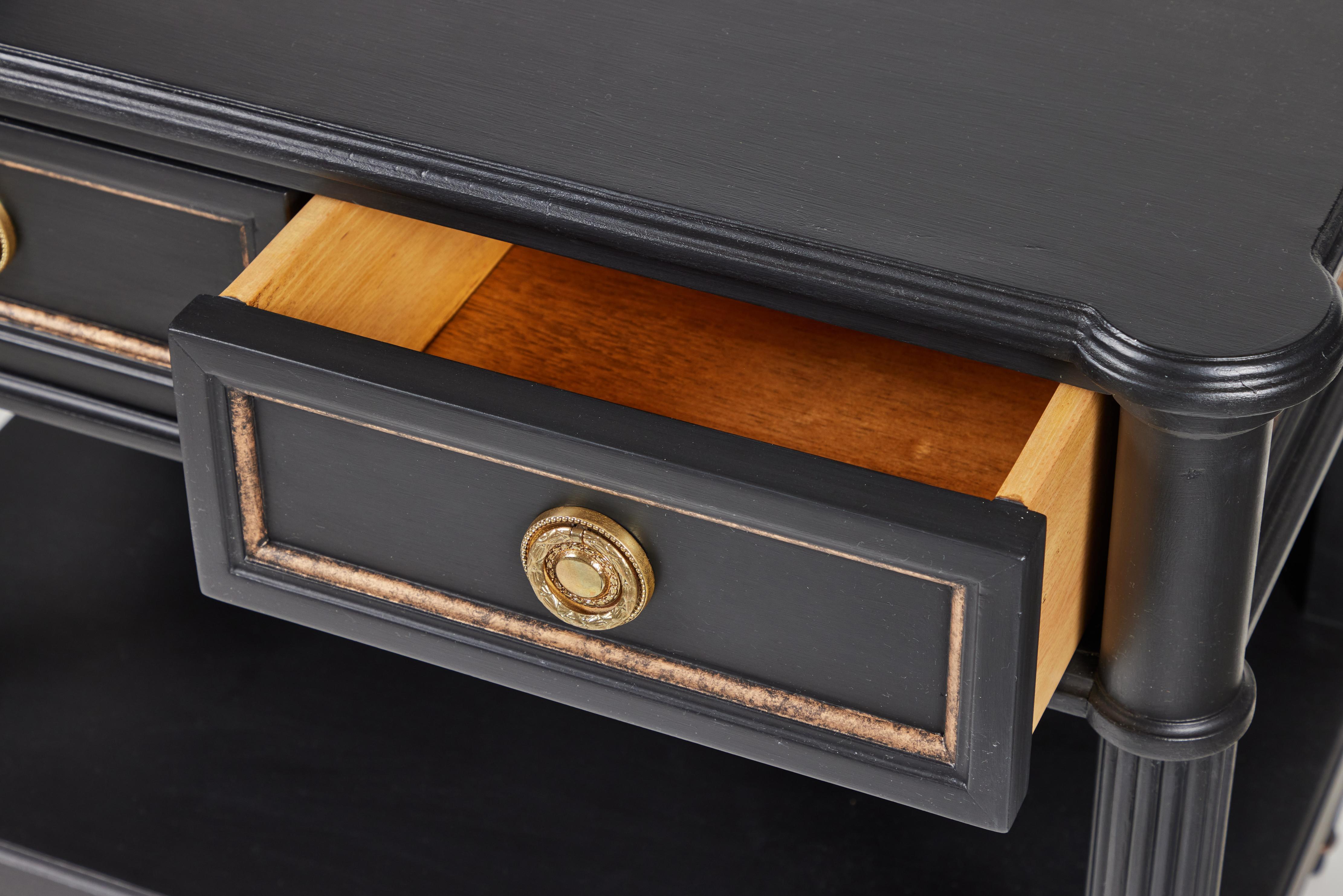 Vintage 2-Drawer Side Table Newly Painted in Black w/ Distressed Gold Details In Excellent Condition In Pasadena, CA