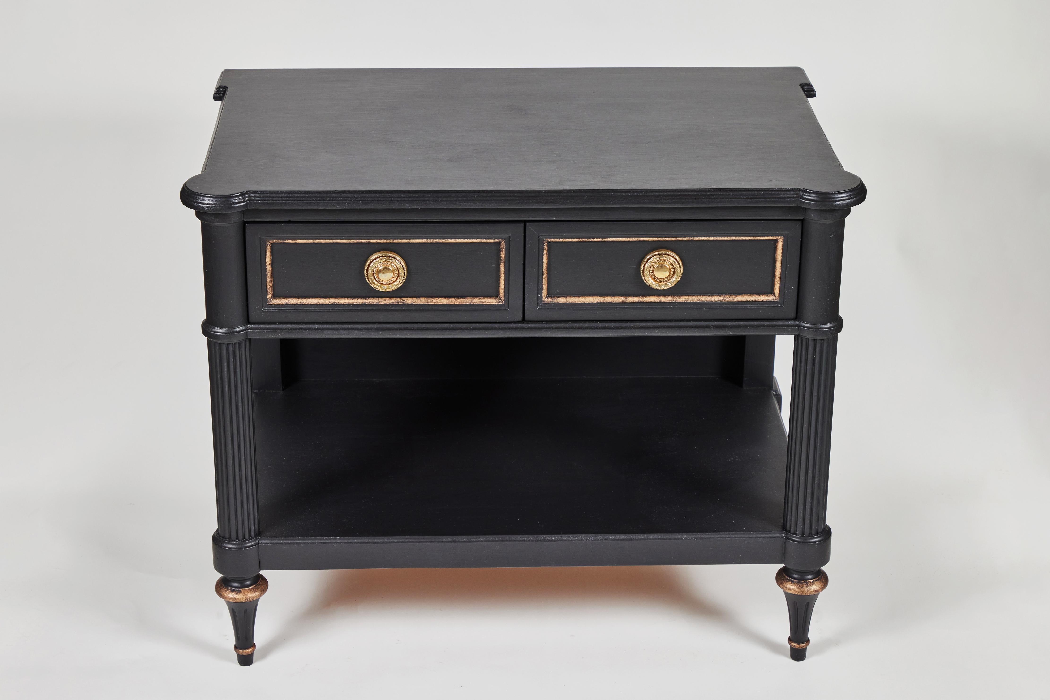 20th Century Vintage 2-Drawer Side Table Newly Painted in Black w/ Distressed Gold Details