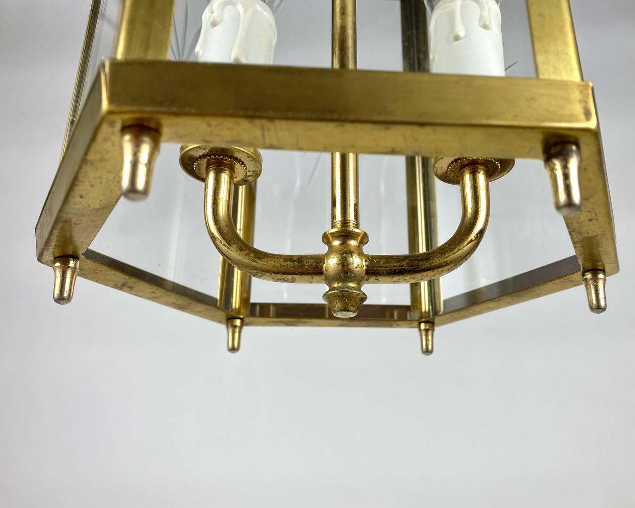 Late 20th Century Vintage 2 Light Electric Lantern, 1980s, Brass and Beveled Glass For Sale