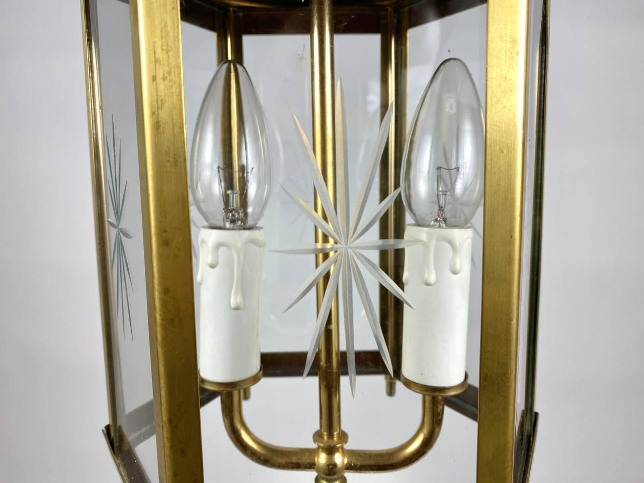 Vintage 2 Light Electric Lantern, 1980s, Brass and Beveled Glass For Sale 1