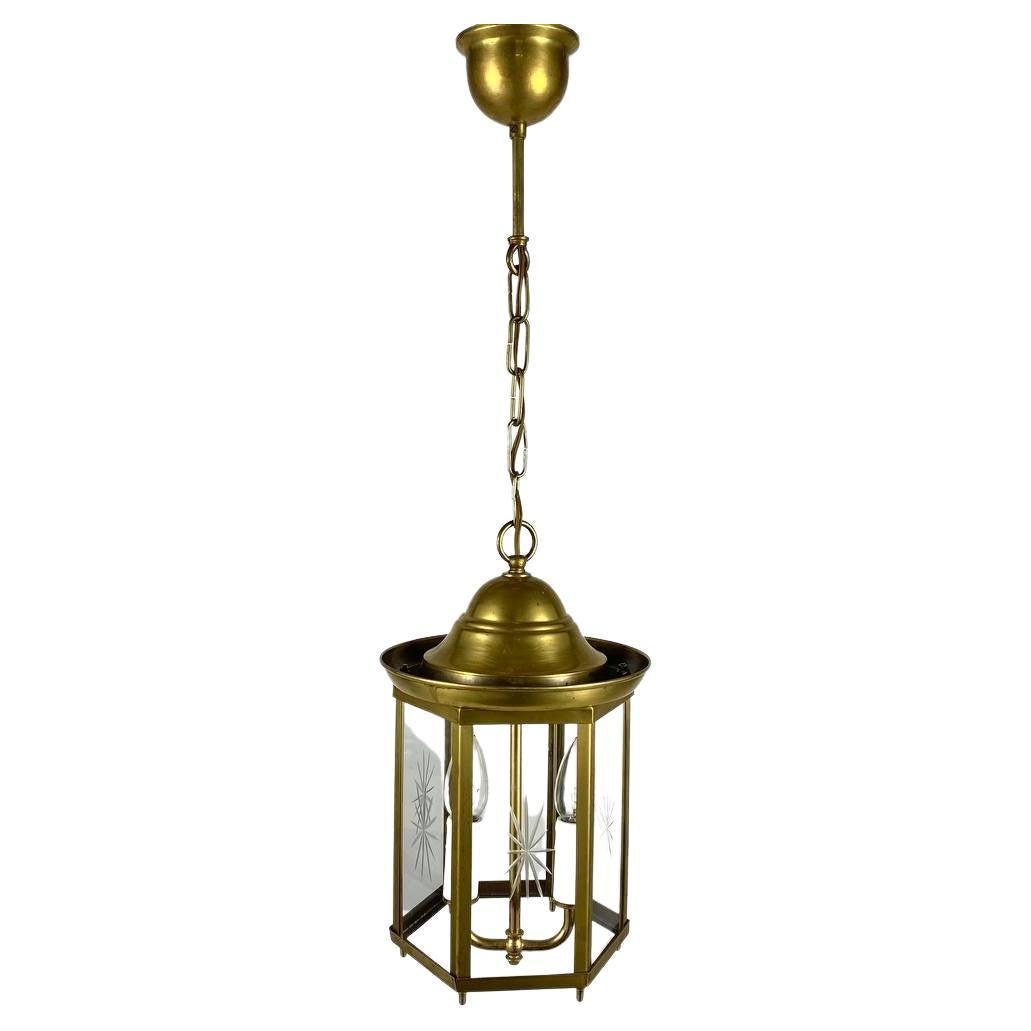 Vintage 2 Light Electric Lantern, 1980s, Brass and Beveled Glass