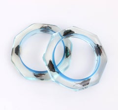 Vintage 2 Pc Blue Translucent Lucite Iridescent Beetle Bangle Bracelet Set