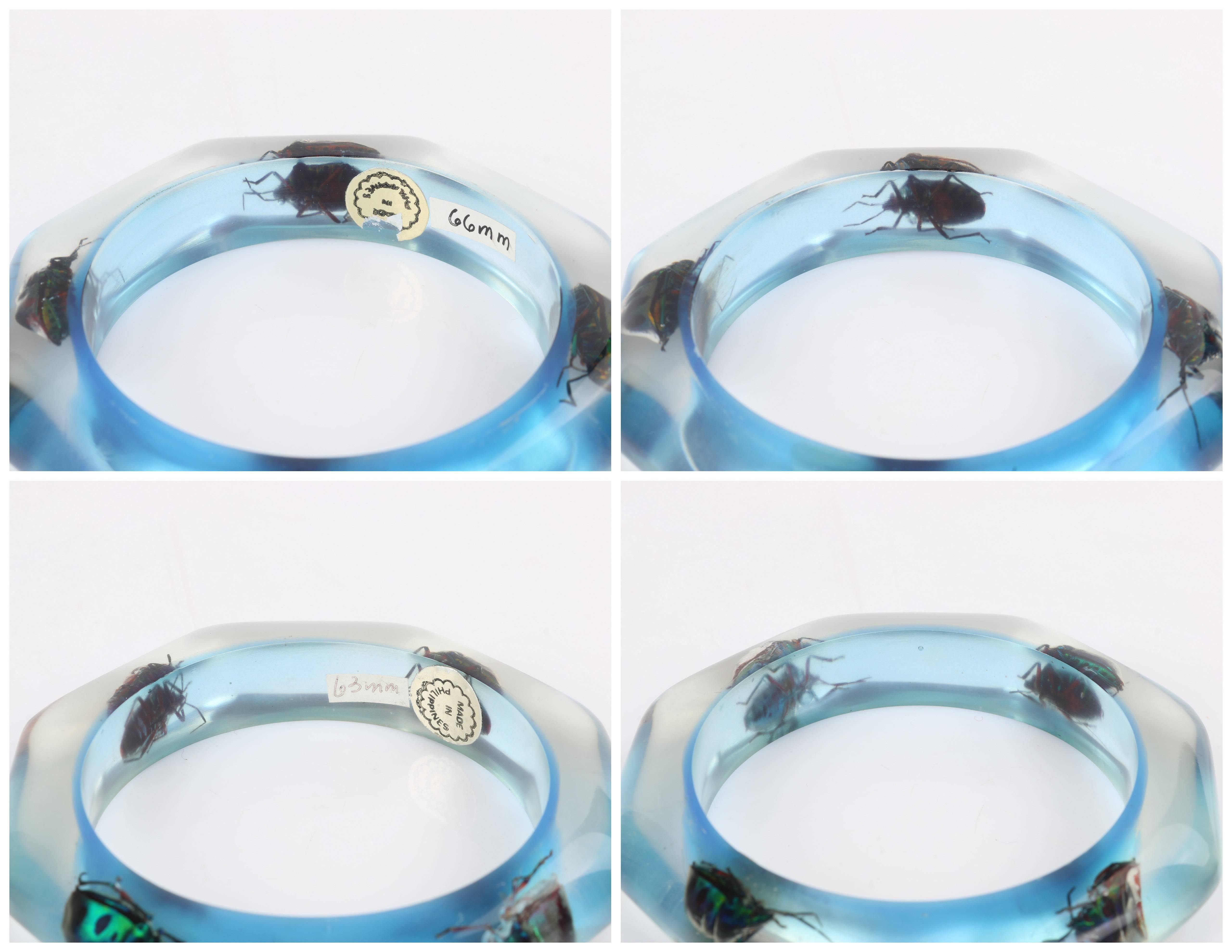 Vintage 2 Pc Blue Translucent Lucite Iridescent Beetle Bangle Bracelet Set 1