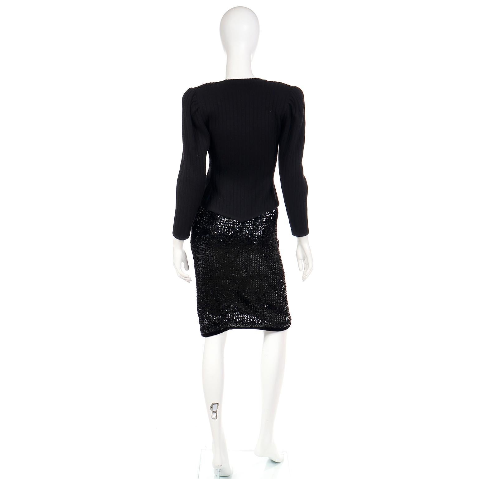 Vintage 2 Pc Yves Saint Laurent Black Sequin Evening Dress Alternative Ensemble In Excellent Condition For Sale In Portland, OR
