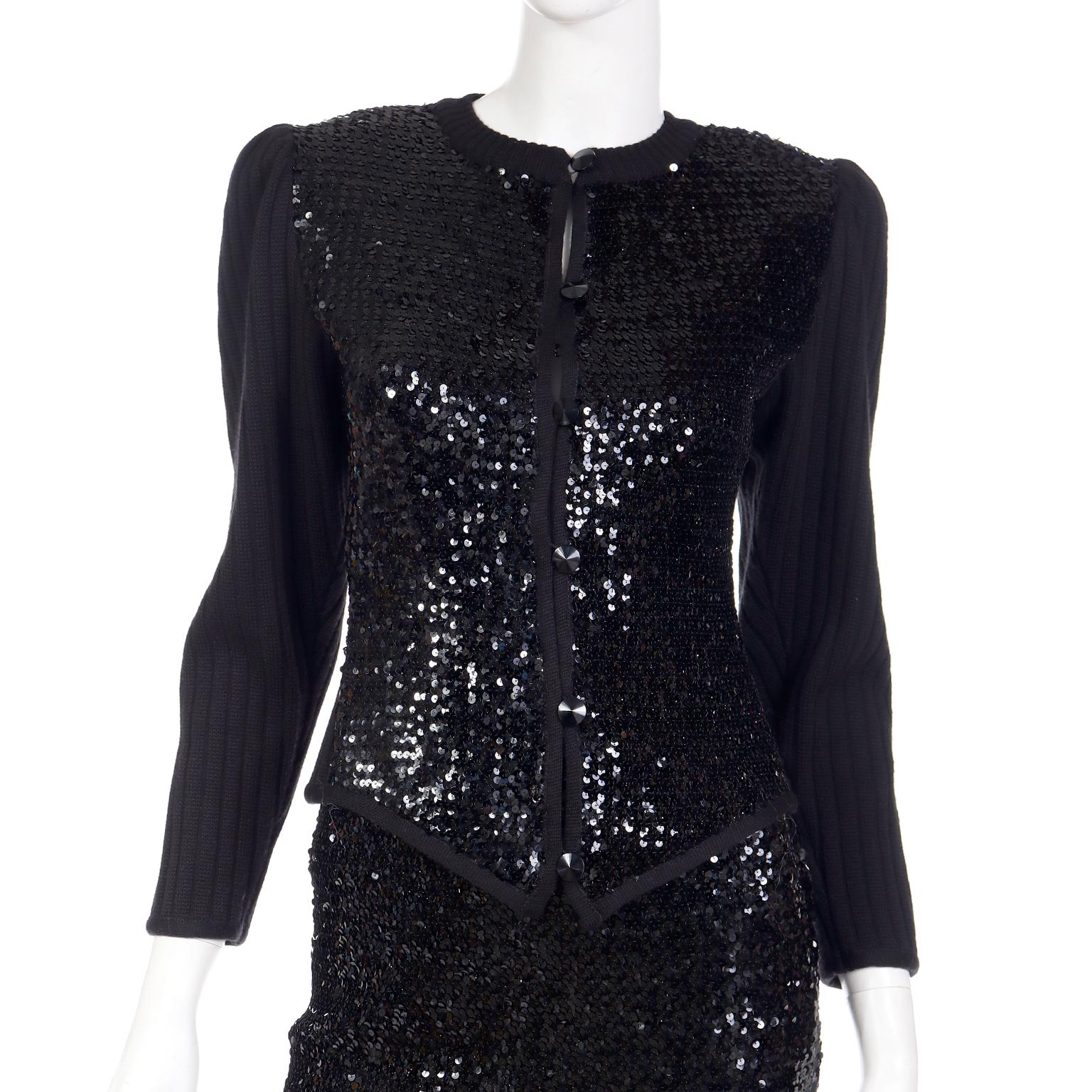 Vintage 2 Pc Yves Saint Laurent Black Sequin Evening Dress Alternative Ensemble For Sale 4