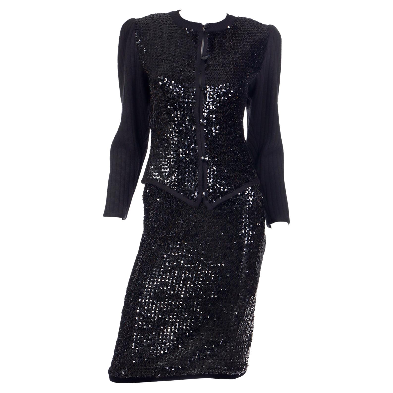 Vintage 2 Pc Yves Saint Laurent Black Sequin Evening Dress Alternative Ensemble For Sale