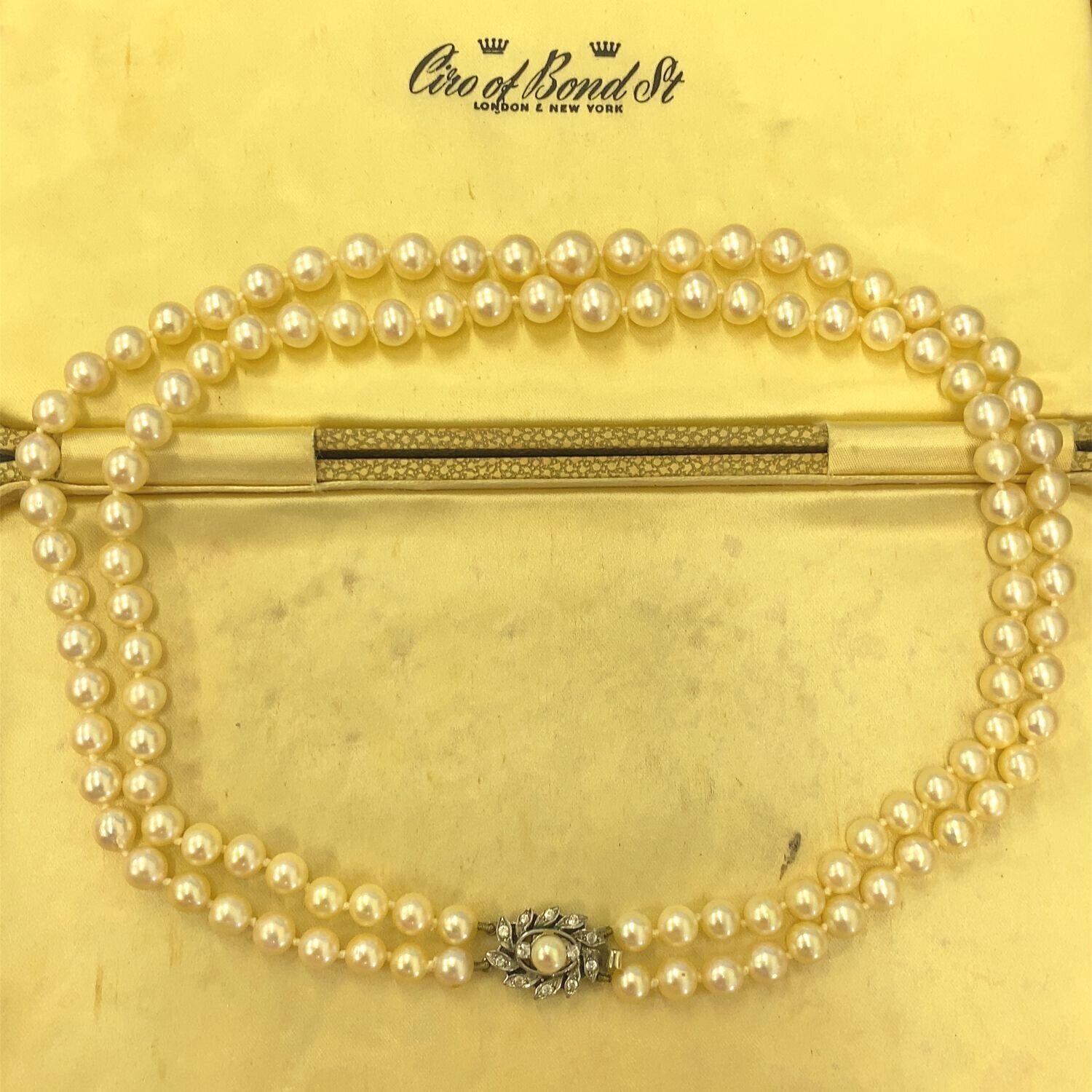 Women's Vintage 2 Row 6.8mm Cultured Pearl Necklace with Silver Clasp For Sale