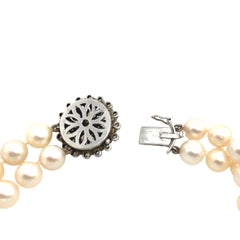 Vintage 2 Row 9mm Cultured Pearl Necklace With old cut Diamond Clasp