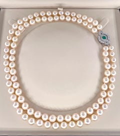 Collier de perles d' Akoya de culture à 2 rangées, 18 carats WG, diamants et agate, fermoir bijouterie