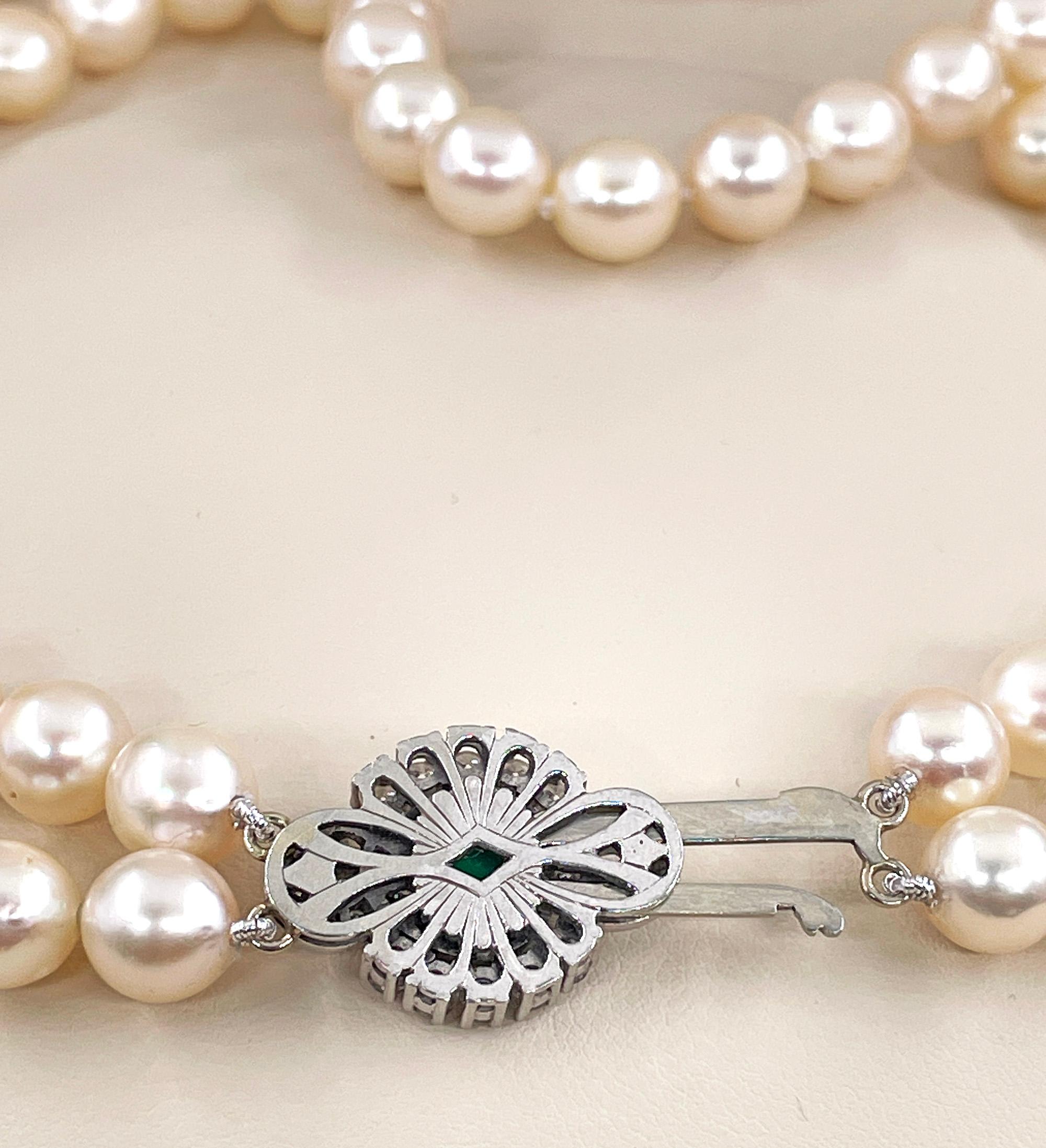 Women's Vintage 2-Row Cultured Akoya Pearl Necklace 18K WG Diamond Agate Jewelry Clasp For Sale