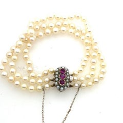 Vintage 2 Row Cultured Pearl Bracelet with Ruby & Seed Pearl Clasp
