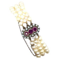 Vintage 2 Row Cultured Pearl Bracelet with Ruby & Seed Pearl Clasp
