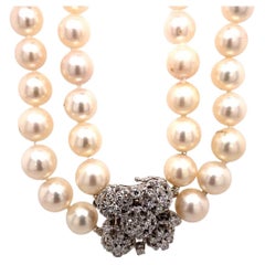 Used 2 Row Cultured Pearl Necklace Set in 18ct Gold Diamond Clasp