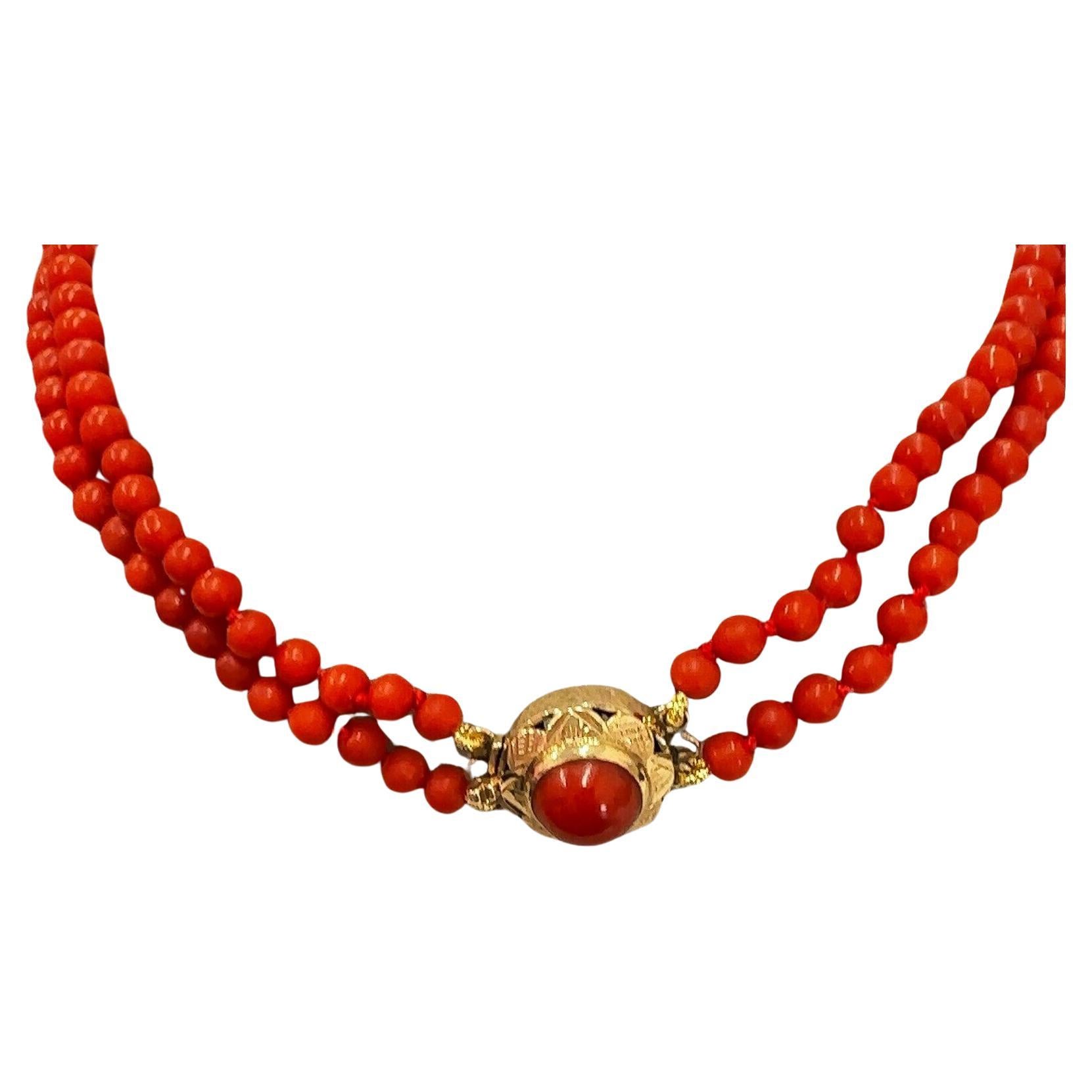 Vintage 2-Row Graduated Red Coral Necklace Set with 14ct Gold Clasp For Sale