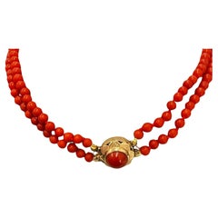 Vintage 2-Row Graduated Red Coral Necklace Set with 14ct Gold Clasp