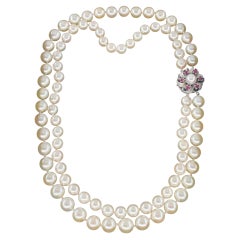 Vintage 2 Row Cultured Japanese Akoya Pearl Double Strand 14KW Gold Ruby Clasp