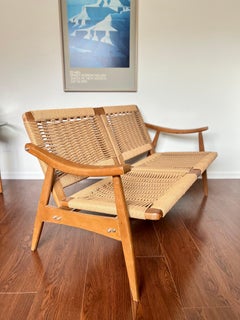Vintage 2 Seater Woven Rope Bench with Arm Rests in the Style of Hans Wegner