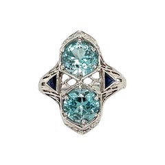 Vintage 2 Stone Round Blue Zircon and Sapphire Gold Art Deco Navette Ring