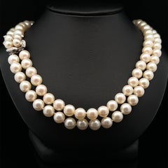 Vintage 2 Strand 15" Pearl Necklace w/ 0.25ctw Diamond Floral White Gold Clasp