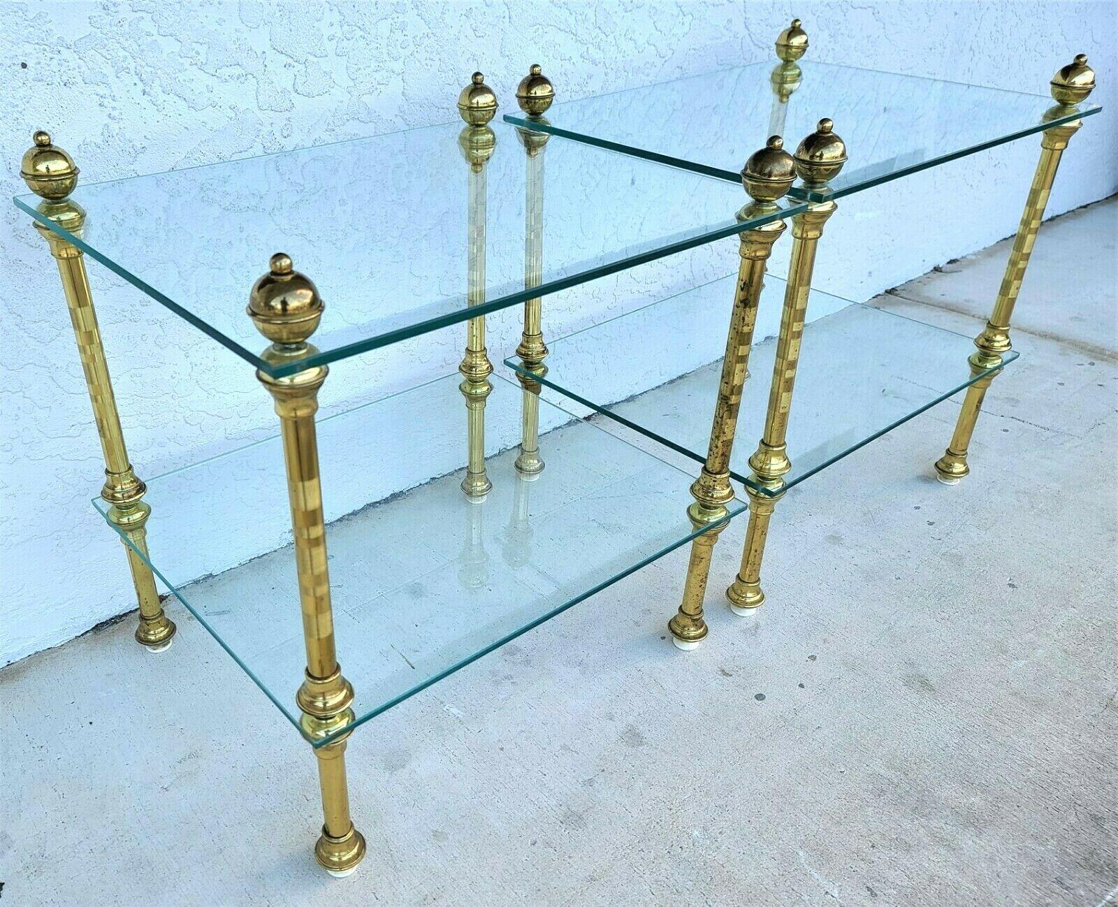 20th Century Vintage 2 Tier Brass & Glass Side End Tables Nightstands, Set of 2 For Sale