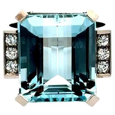Vintage 20 Carat Emerald Cut Aquamarine and RBC Diamond Gold Retro Ring