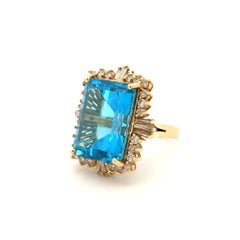 Vintage 20 Carat Emerald-Cut Blue Topaz Gemstone and Diamond Gold Cocktail Ring