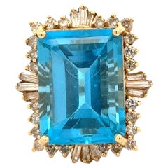 Vintage 20 Carat Emerald-Cut Blue Topaz Gemstone and Diamond Gold Cocktail Ring
