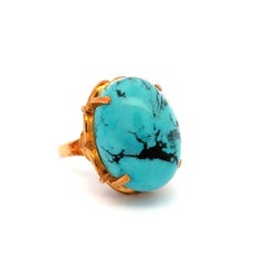 Vintage 20 Carat Spiderweb Dragon Skin Cabochon Turquoise Gold Ring