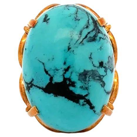 Vintage 20 Carat Spiderweb Dragon Skin Cabochon Turquoise Gold Ring