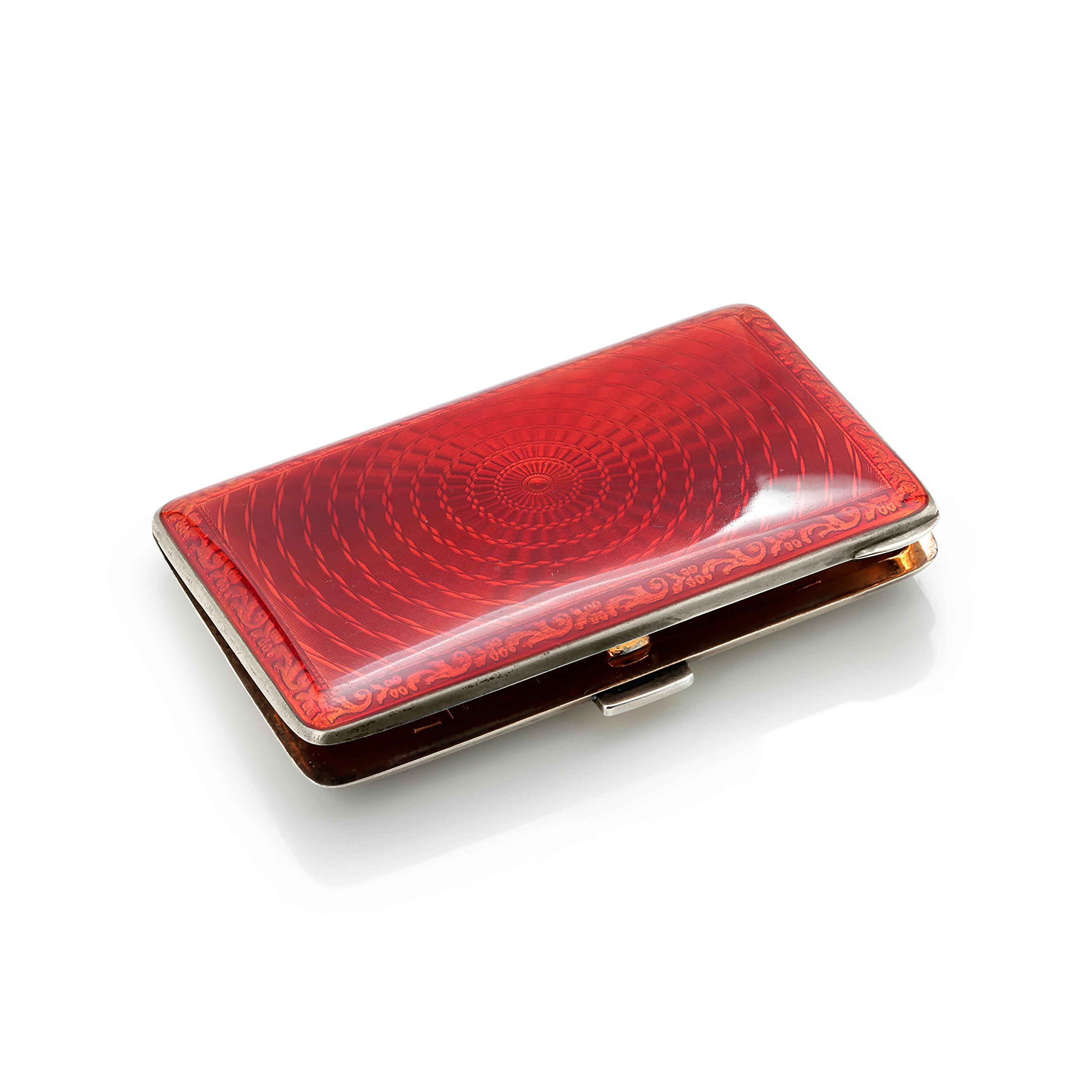 Art Deco Vintage 20 Century Rare Silver Guilloche Translucent Red Enamel Cigarette Case For Sale
