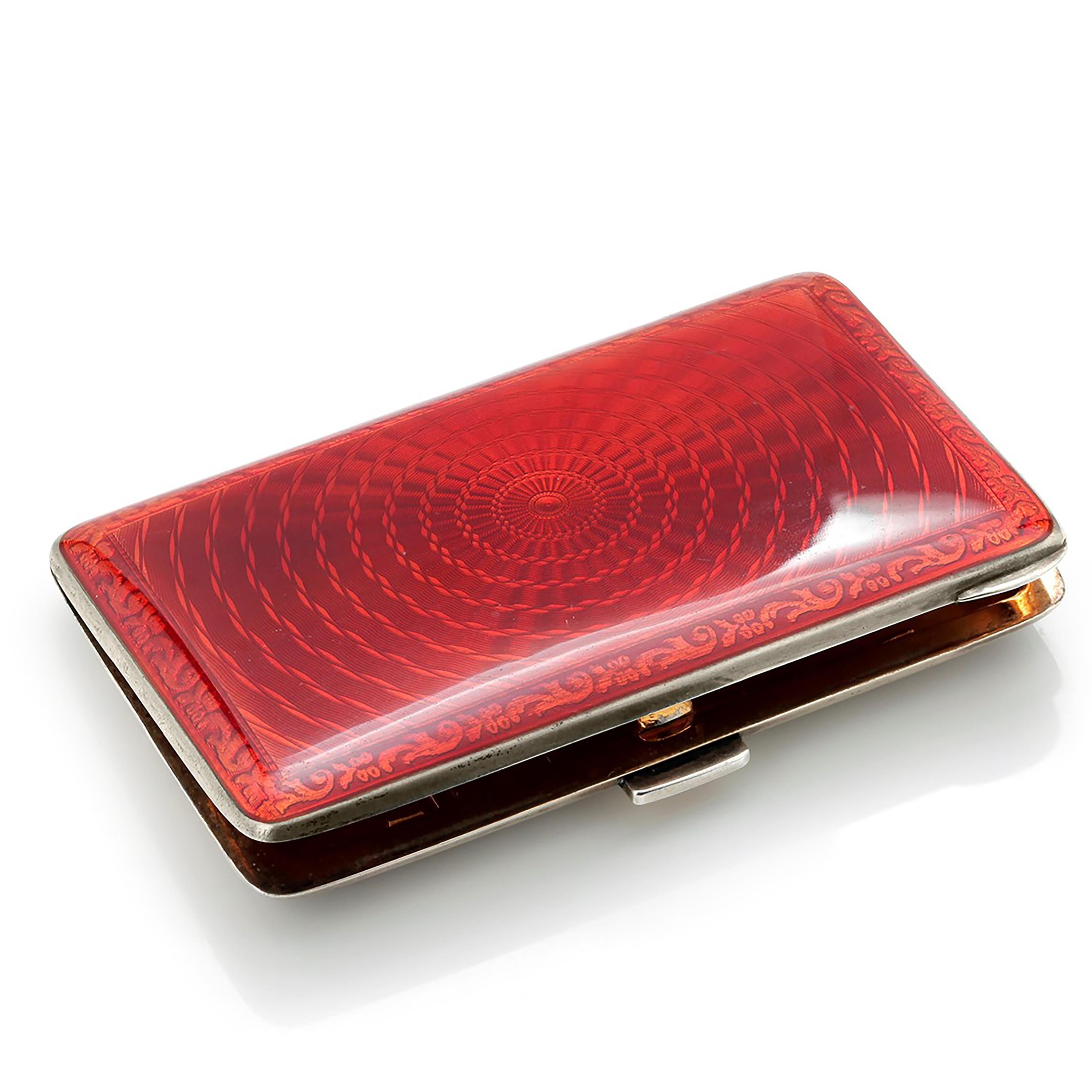 Vintage 20 Century Rare Silver Guilloche Translucent Red Enamel Cigarette Case In Good Condition For Sale In New York, NY