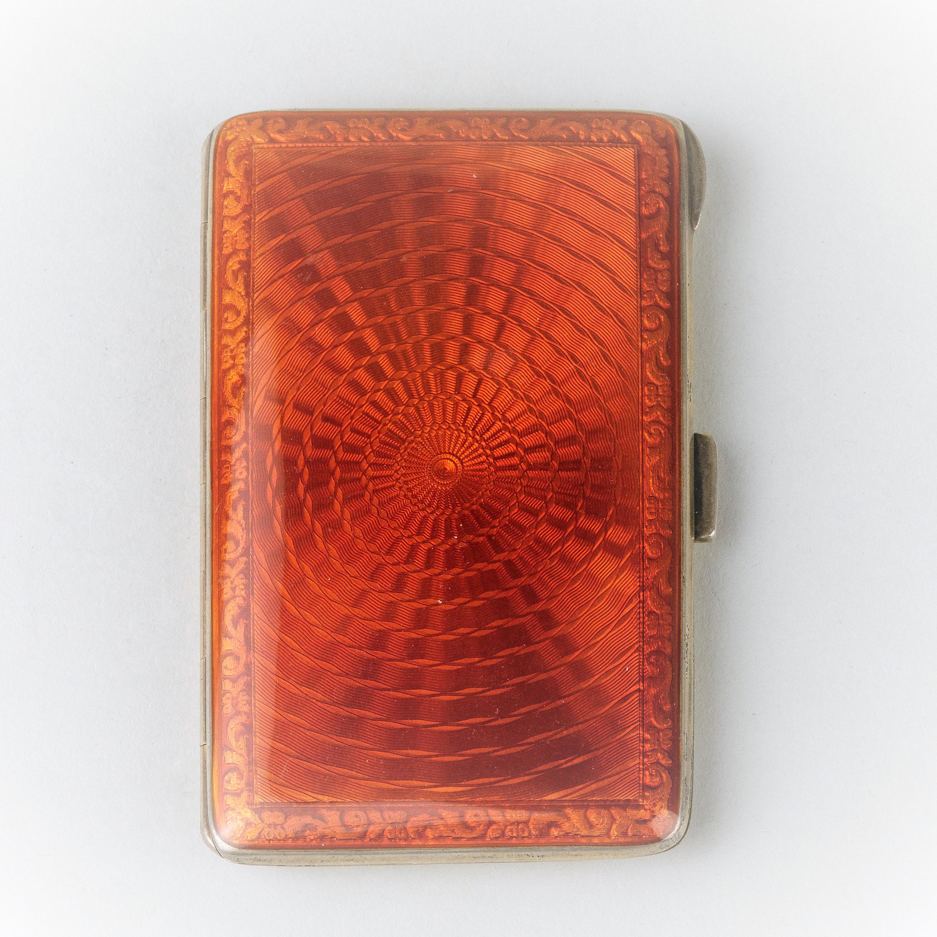 Women's or Men's Vintage 20 Century Rare Silver Guilloche Translucent Red Enamel Cigarette Case For Sale