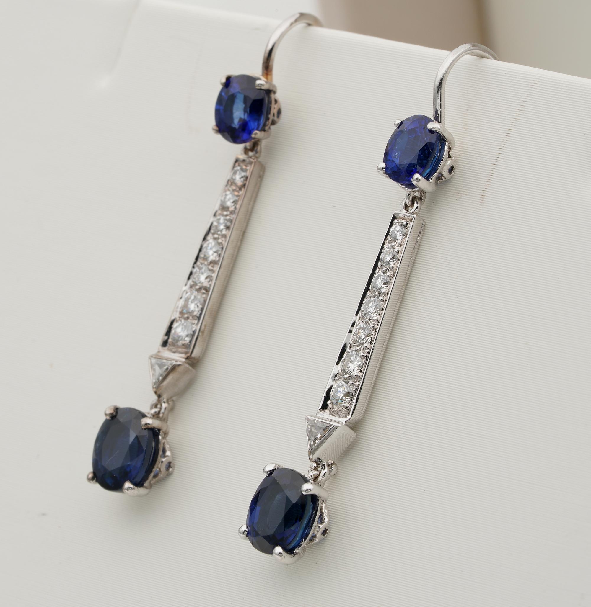 Retro Vintage 2.0 Ct Natural Sapphire .50 Ct Diamond Long Drop Earrings For Sale