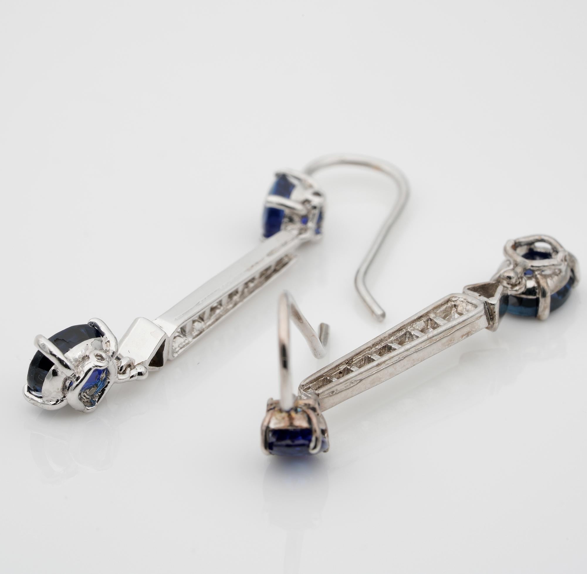 Oval Cut Vintage 2.0 Ct Natural Sapphire .50 Ct Diamond Long Drop Earrings For Sale
