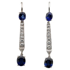 Boucles d'oreilles Vintage 2.0 Ct Natural Sapphire .50 Ct Diamond Long Drop Earrings