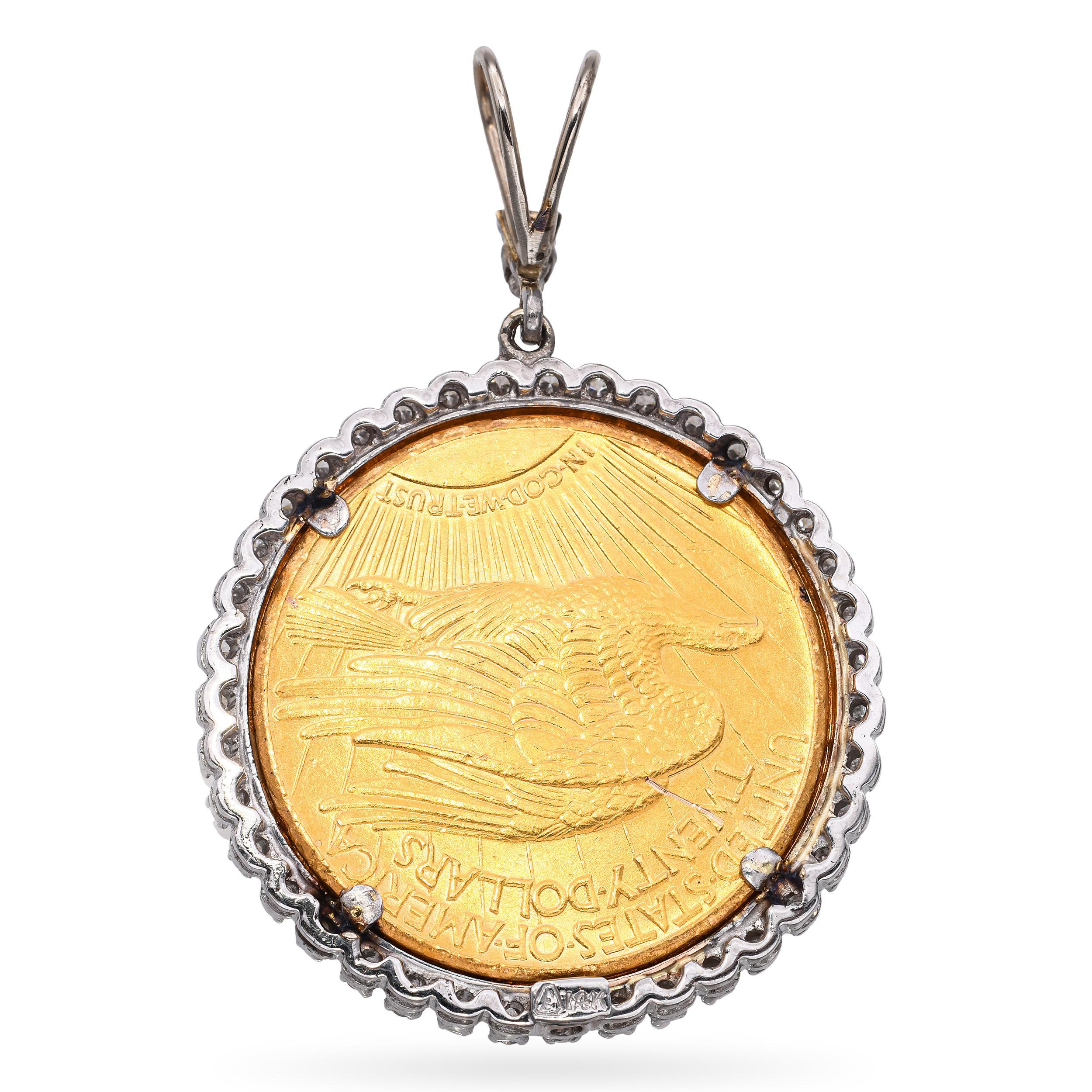 This unique vintage pendant features an authentic 1922 $20 Saint-Gaudens gold coin elegantly framed in a diamond and gold halo setting. The brilliant diamonds encircle the coin, adding a touch of luxury while highlighting its historical