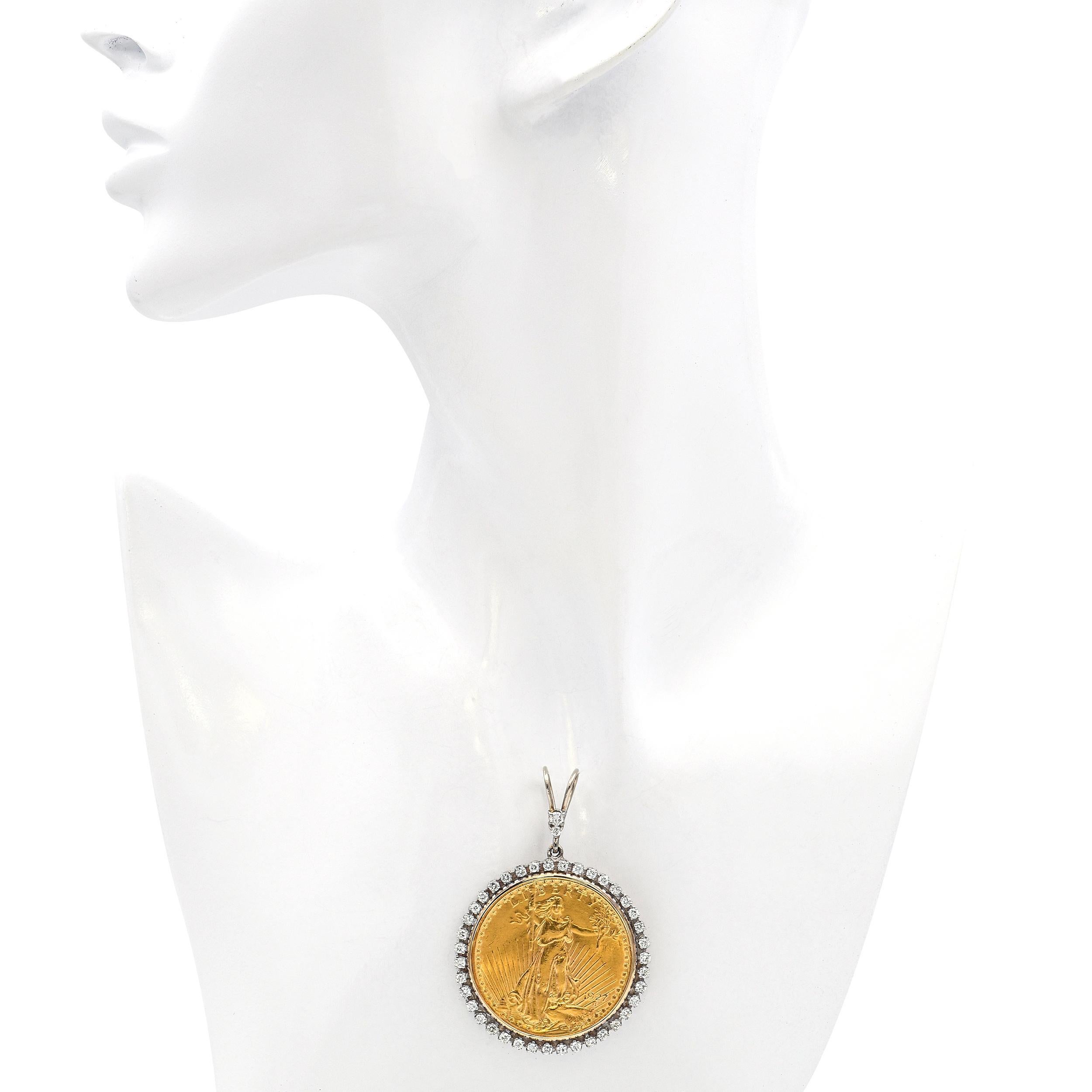Round Cut Vintage $20 Saint-Gaudens Gold Coin Diamond Halo Pendant For Sale