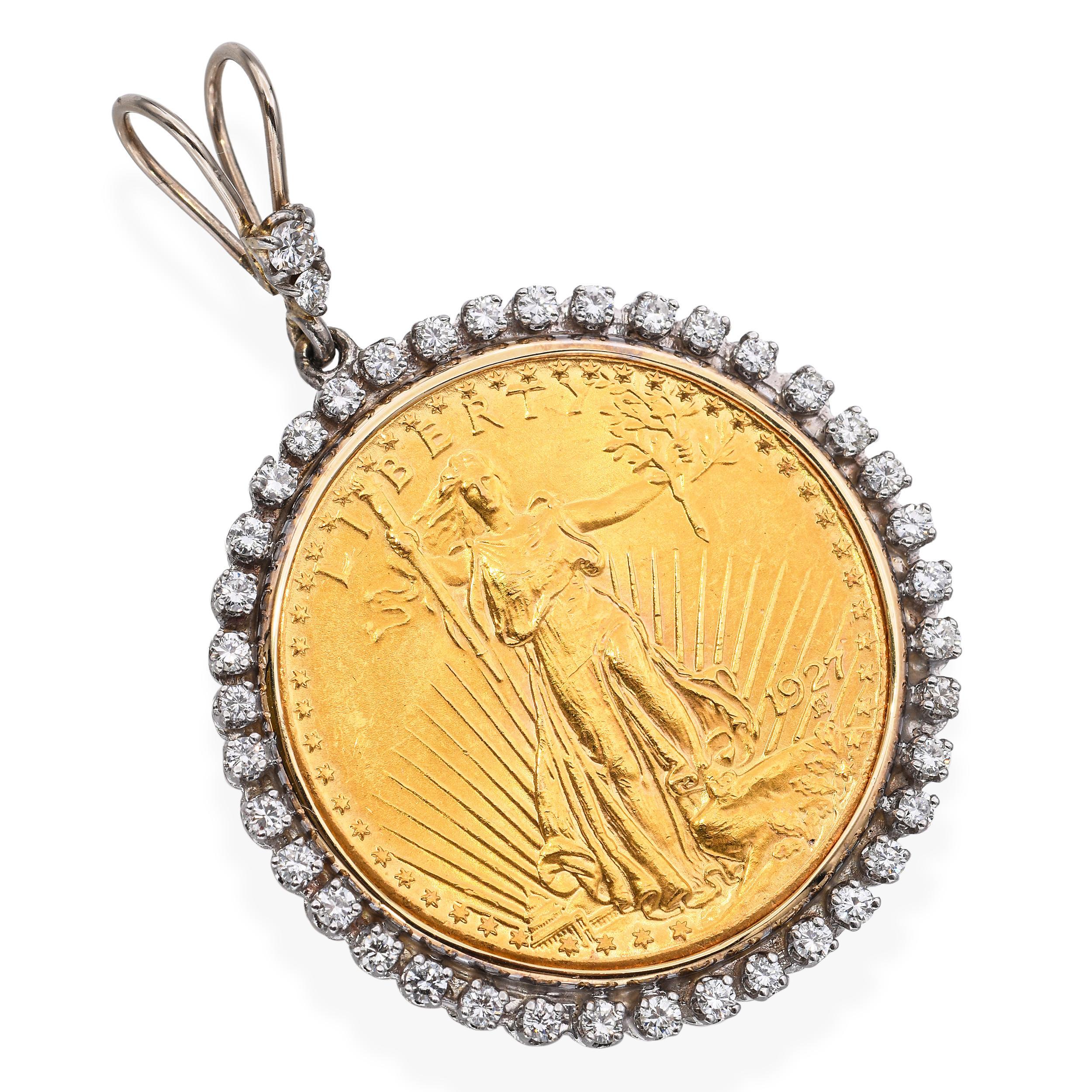 Vintage $20 Saint-Gaudens Gold Coin Diamond Halo Pendant In Good Condition For Sale In New York, NY