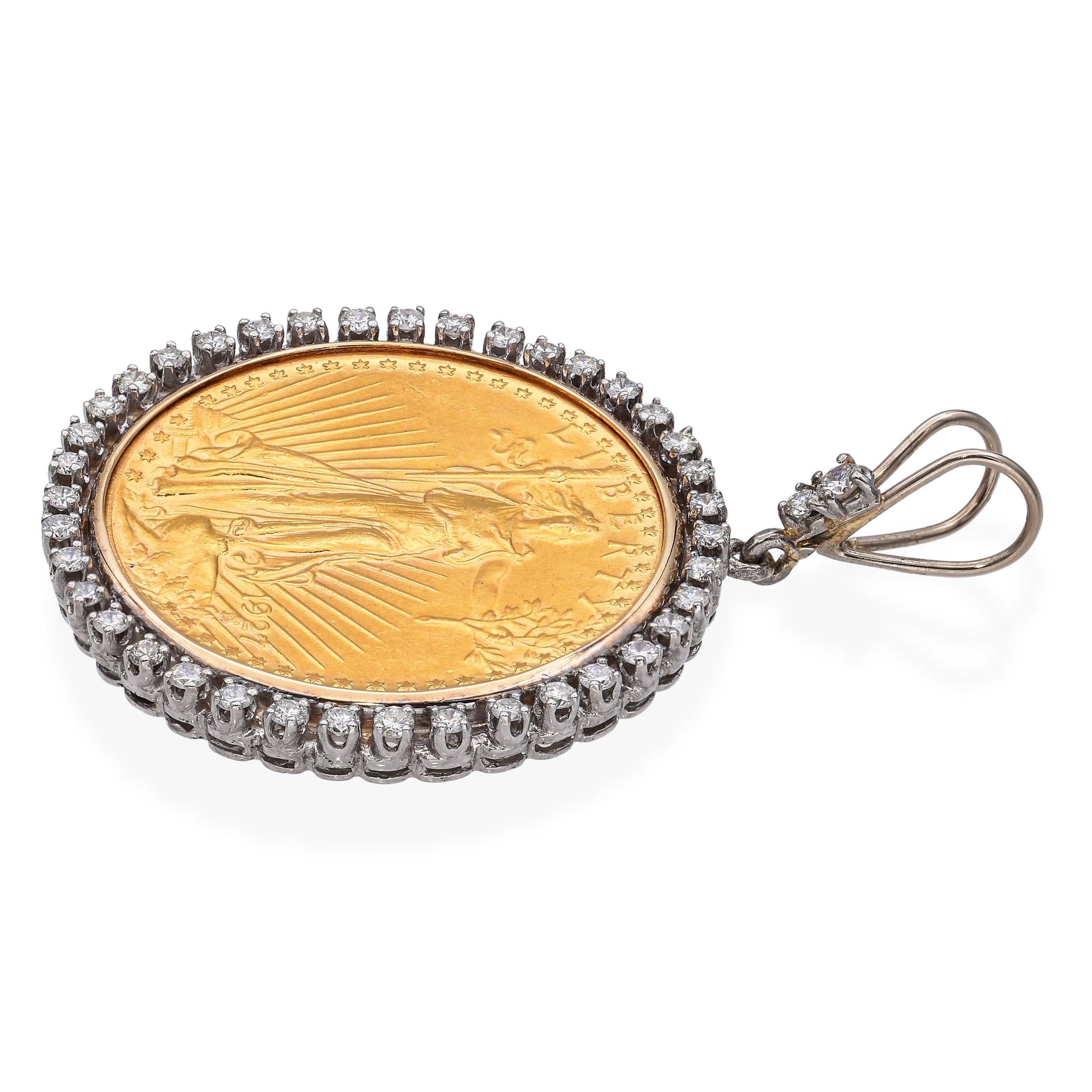Women's Vintage $20 Saint-Gaudens Gold Coin Diamond Halo Pendant For Sale