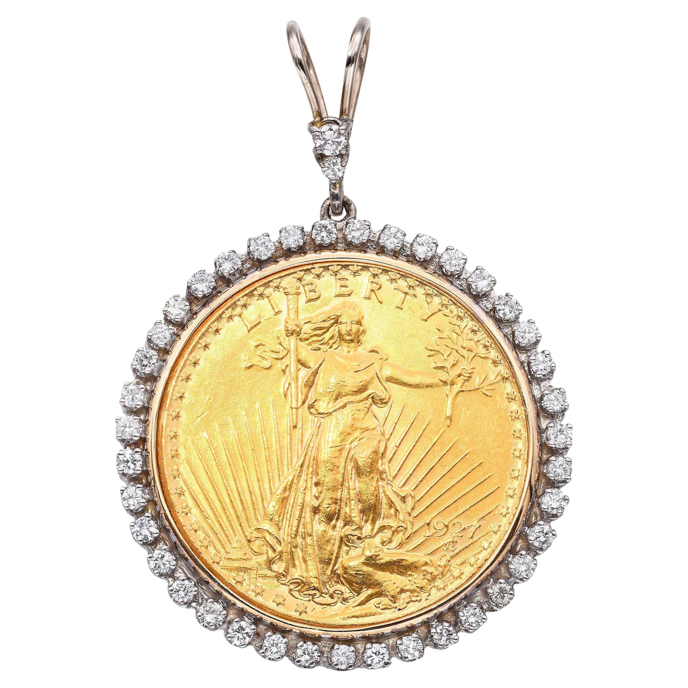 Vintage $20 Saint-Gaudens Gold Coin Diamond Halo Pendant For Sale