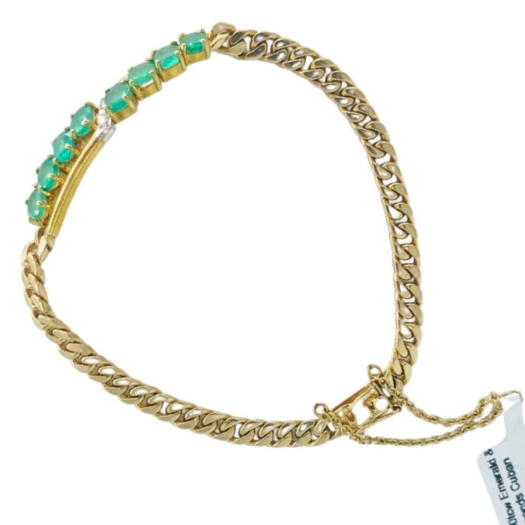Vintage 2.00 Carat Emeralds and Diamonds Cuban Link Bracelet 14k Gold For Sale 4