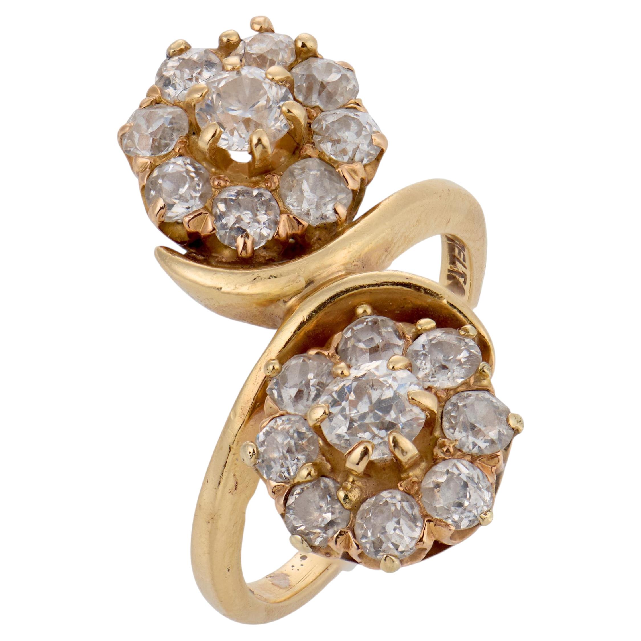Bague « bypass » vintage en or jaune 14 carats, sertie d'un diamant de 2,00 carats à taille ancienne
