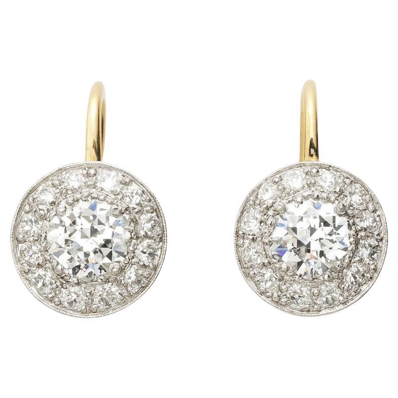 Vintage 2,00 Karat Old European Cut Diamant Platin über 14K Gold Tropfen Ohrringe im Angebot