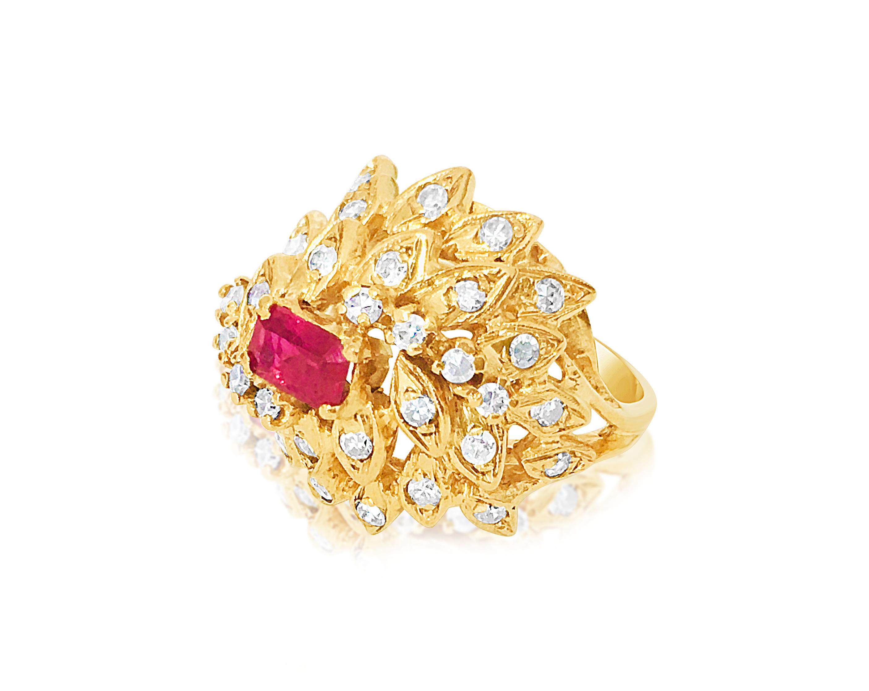 Fashioned from elegant 18K yellow gold, this ring showcases a stunning 1.00-carat natural ruby, cut into an emerald shape and securely nestled in prongs. Mined from the earth, the ruby boasts an intense crimson hue, adding a touch of vintage allure