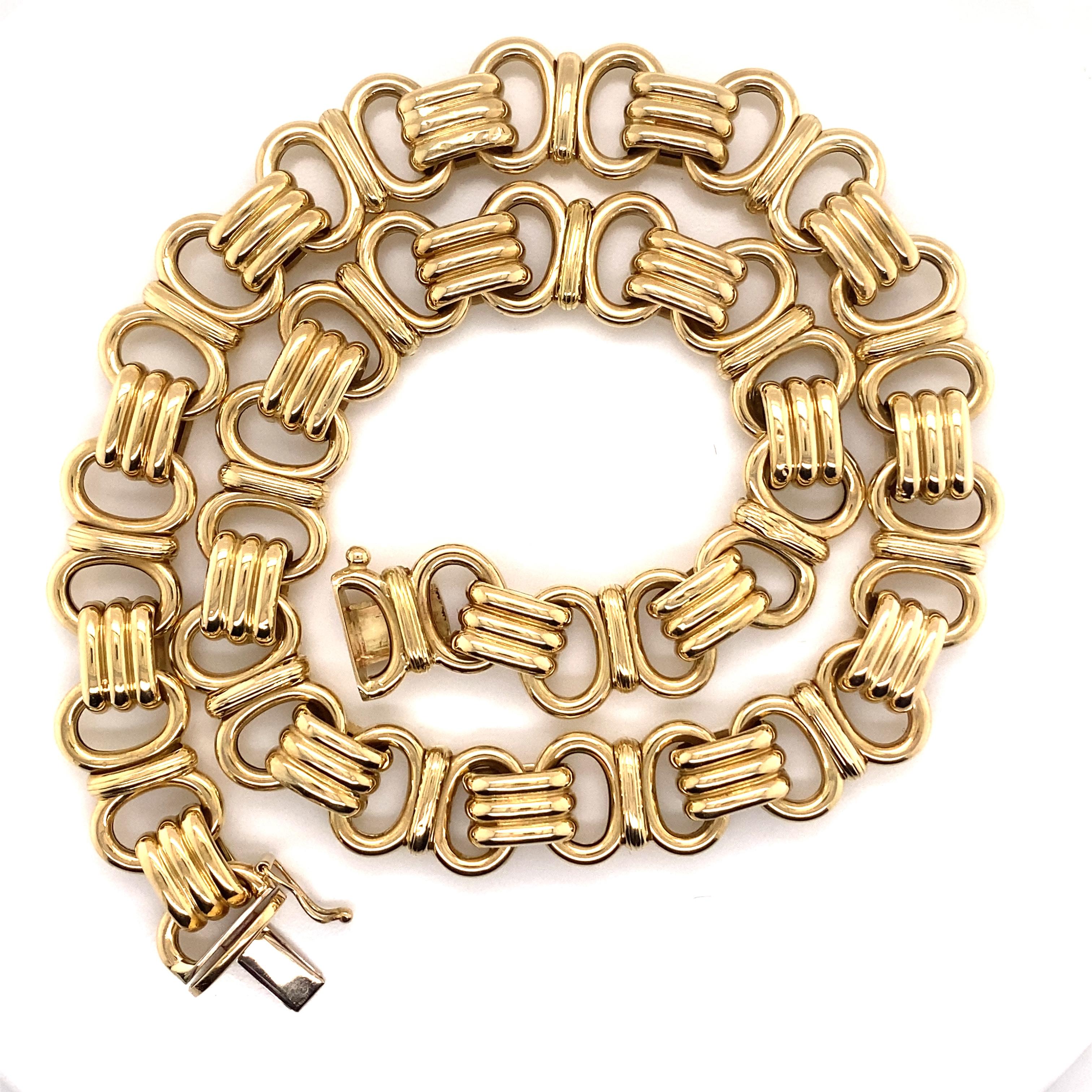 Vintage 2000 14K Yellow Gold Italian Fancy Link Necklace - The Italian made necklace measures 13.5mm wide and 17 inches long and features a plunger clasp with a figure 8 safety. The necklace weighs 30 grams.